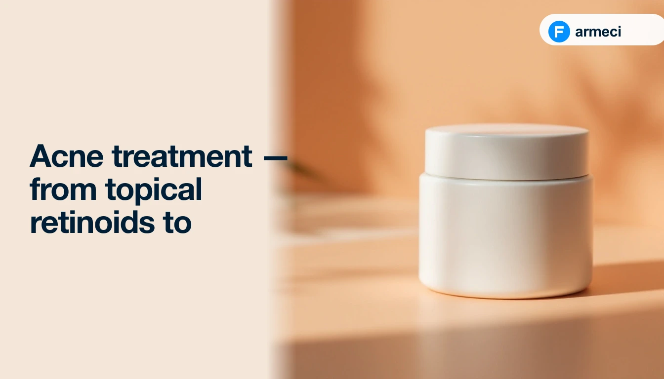 Editorial cover for Farmeci's guide on acne treatment — a single elegant matte white porcelain apothecary jar on a polished warm peach surface, alongside the headline.