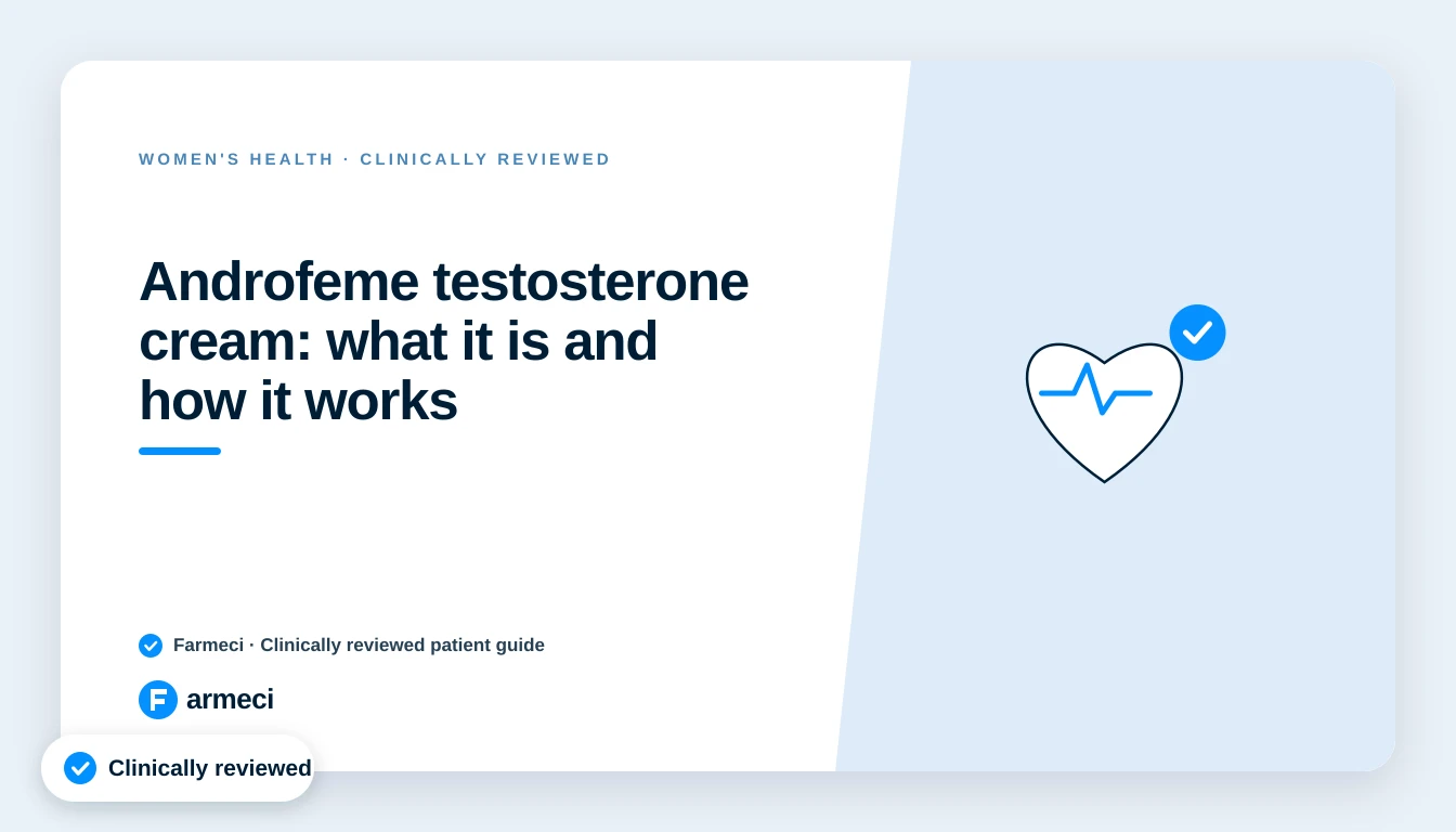 Editorial cover for Farmeci's guide to Androfeme testosterone cream, explaining what it is and how it works, on a navy Farmeci-branded background.
