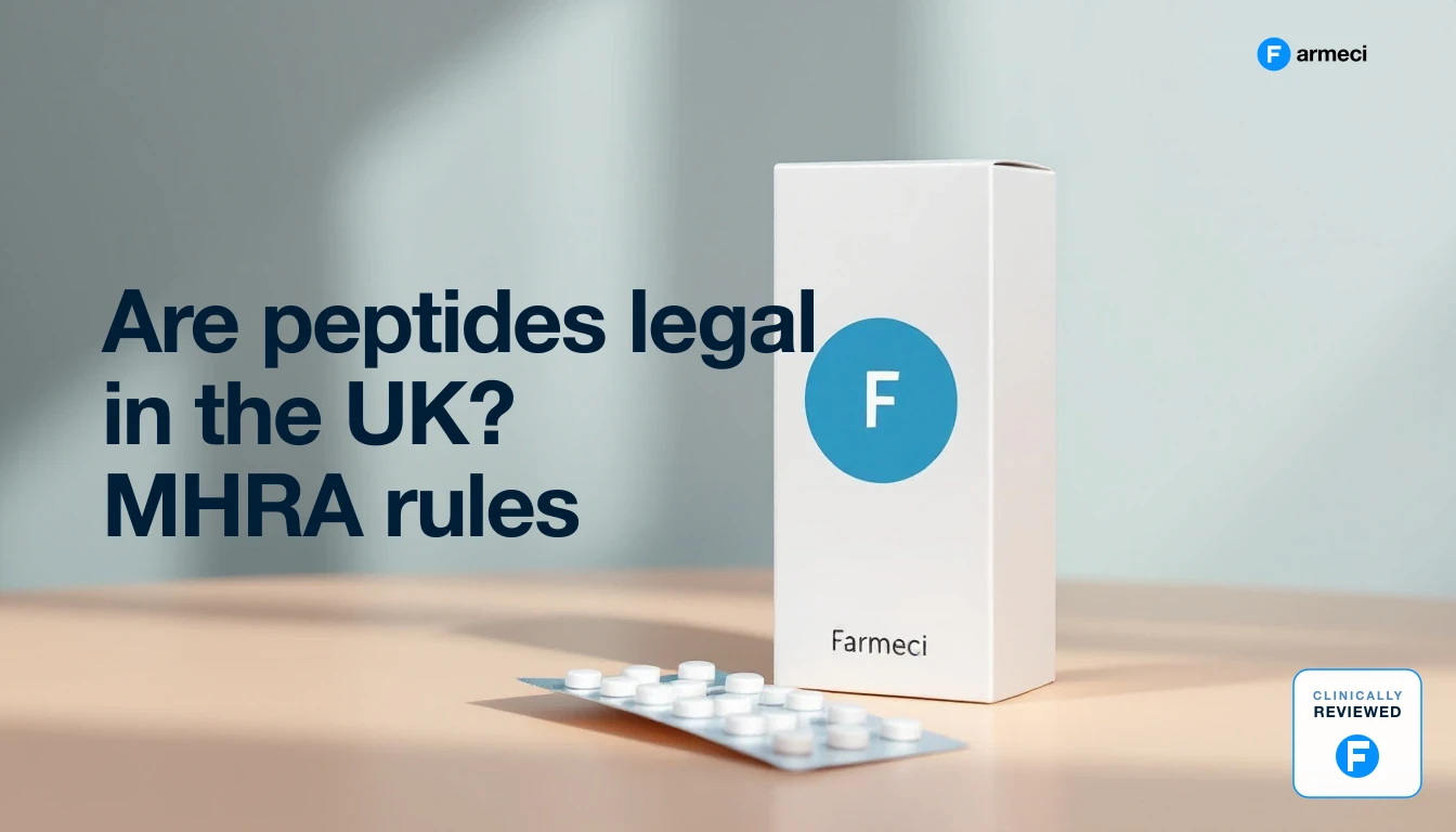 A UK pharmacist reviewing regulatory information about peptides and MHRA medicines rules at a pharmacy desk.
