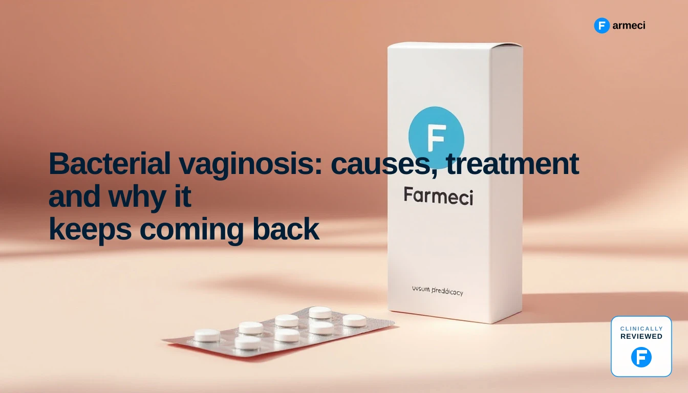 Editorial cover for Farmeci's bacterial vaginosis guide — soft blush-cream backdrop with a Farmeci-branded medicine carton and blister pack.