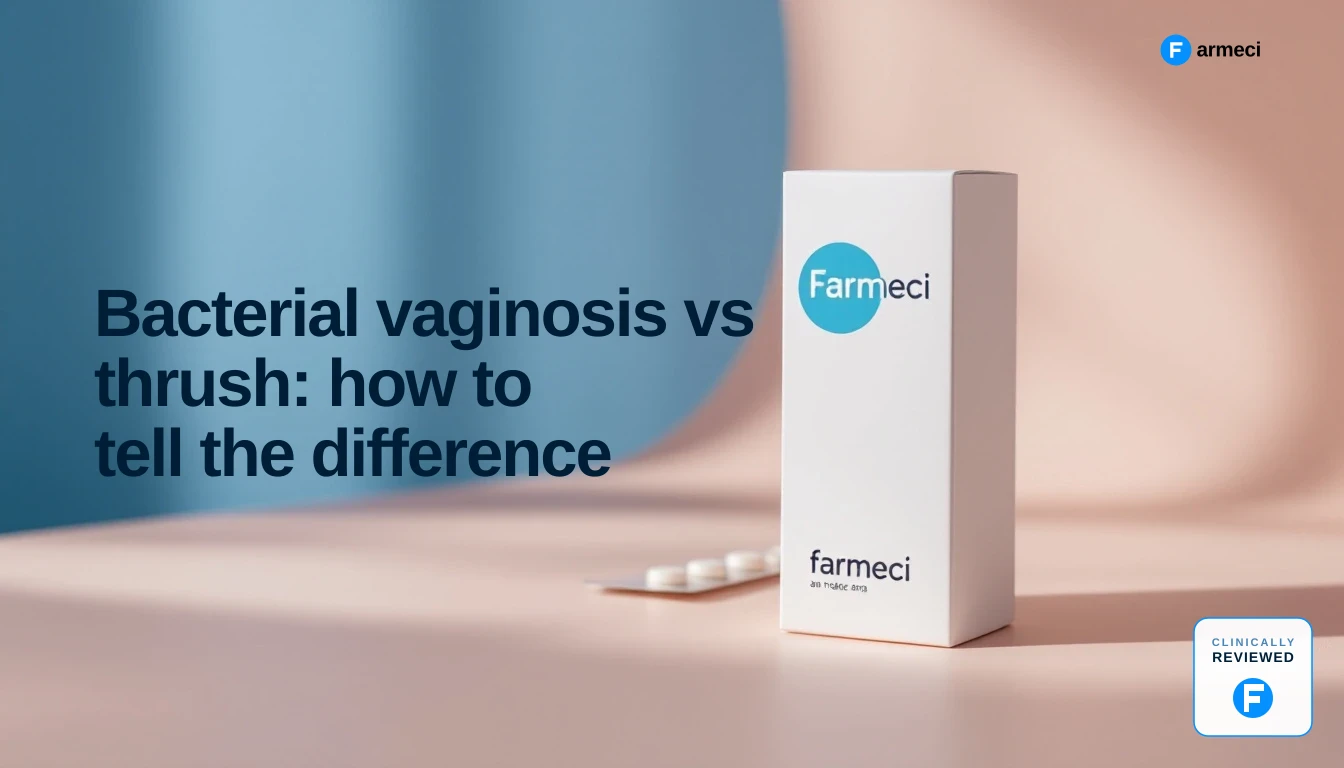 Editorial cover for Farmeci's BV vs thrush guide: soft blush-cream backdrop with a Farmeci-branded medicine carton and blister pack.