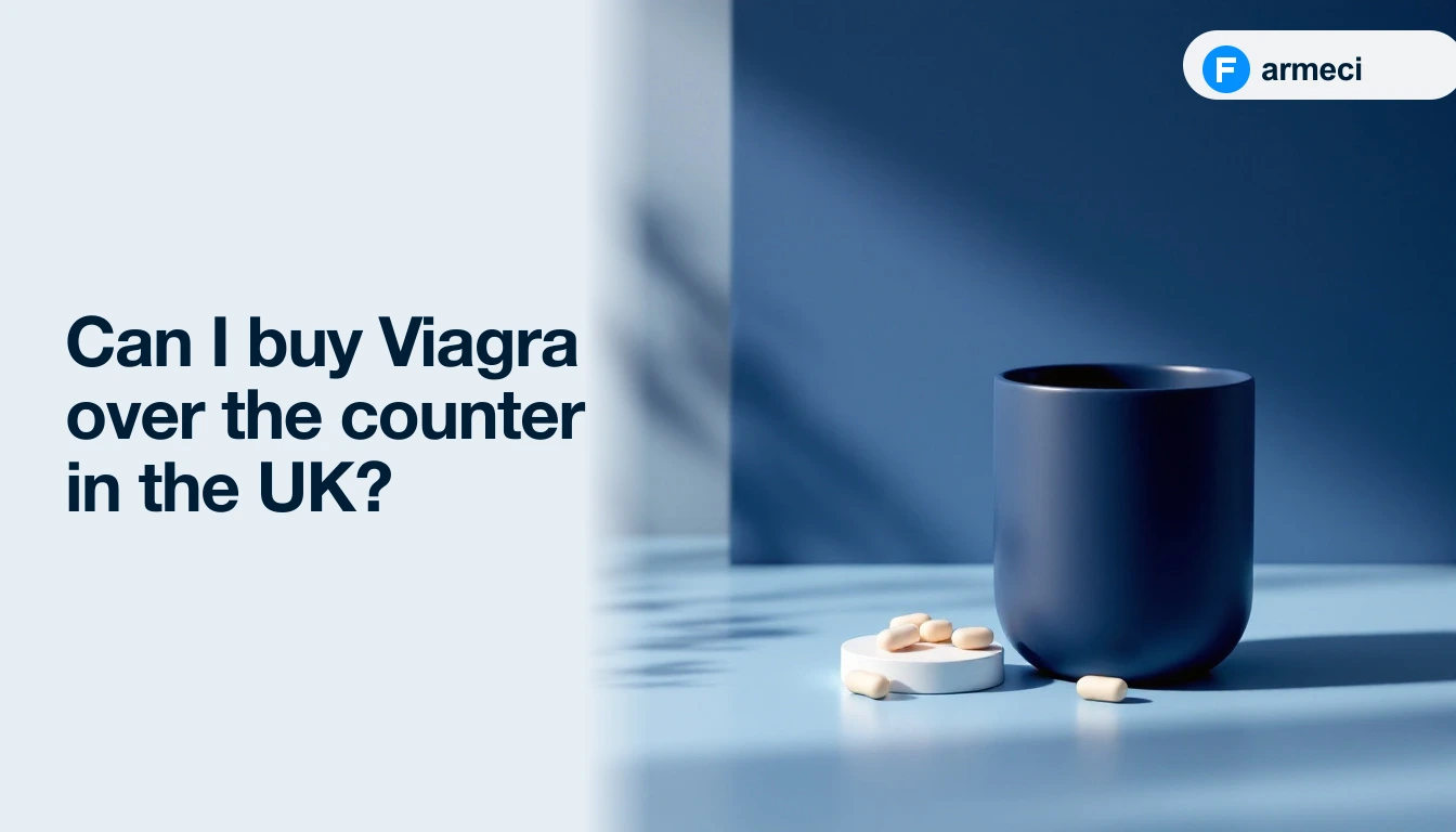 Editorial cover for Farmeci's guide on UK over-the-counter Viagra — pale steel-blue backdrop, pharmacist-check and Viagra Connect chips above a Pharmacy (P) medicine card, and a Farmeci-branded sildenafil blister pack.