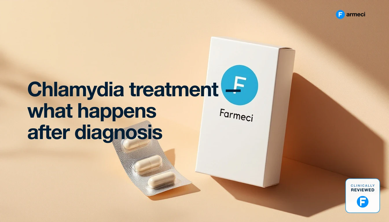 Editorial illustration representing chlamydia treatment and follow-up care in the UK, Farmeci branding