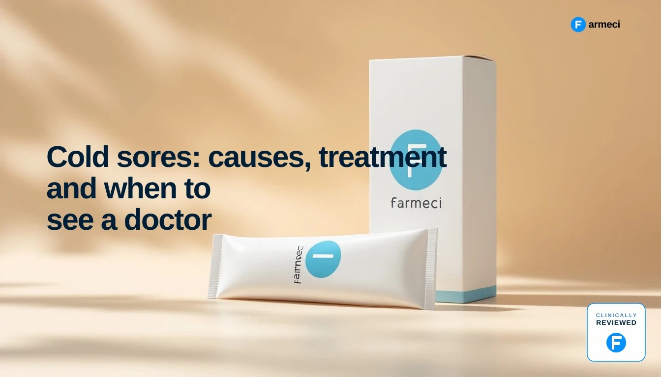 Editorial cover for Farmeci's guide on cold sore causes and treatment, alongside the headline.