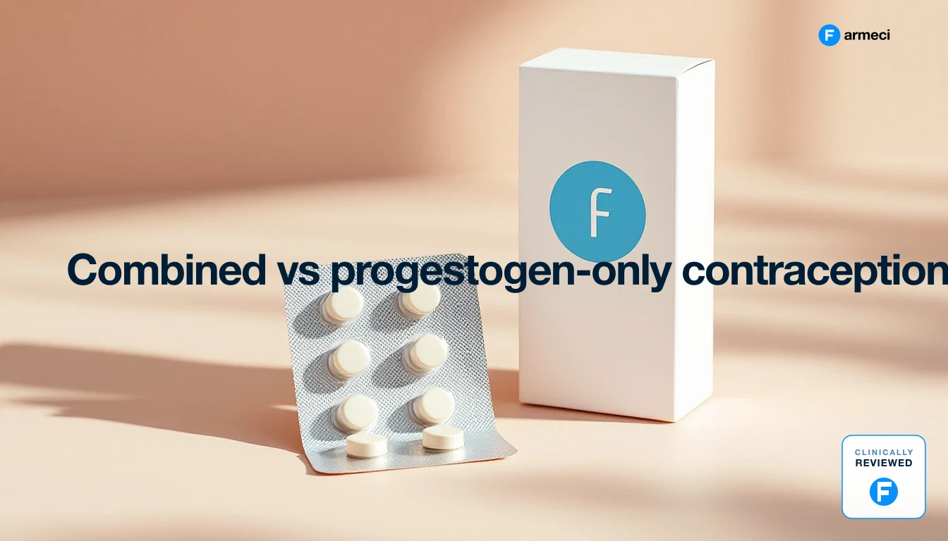 Editorial illustration comparing combined and progestogen-only contraceptive pills, Farmeci branding