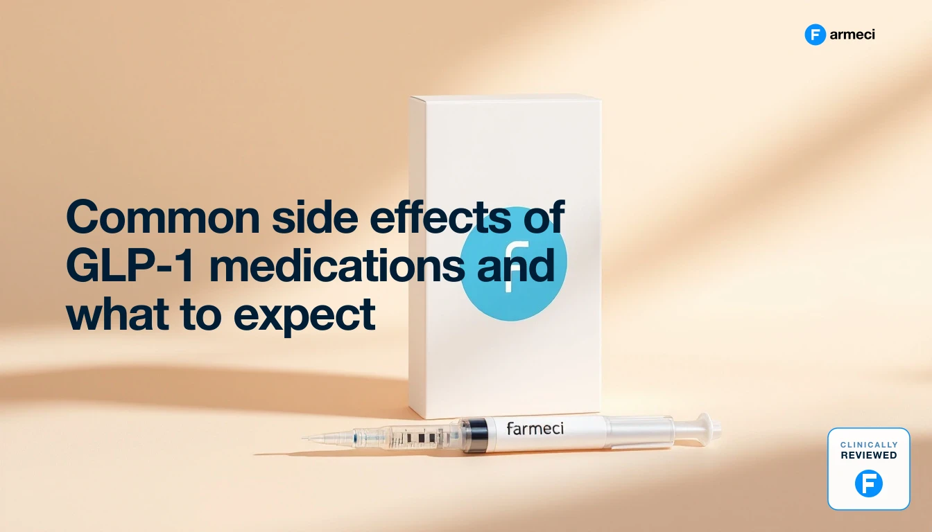 Editorial still life representing GLP-1 medication side effects and patient guidance, Farmeci branding