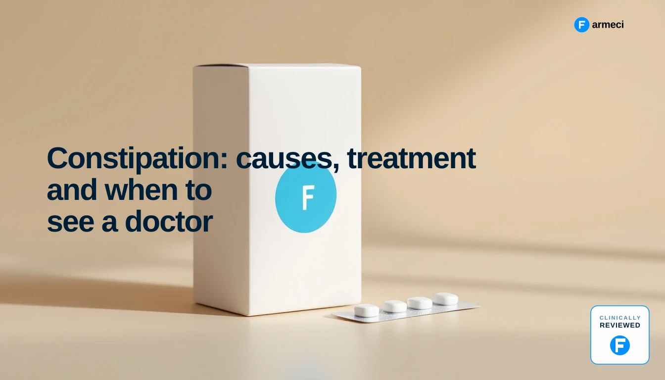 Editorial cover for Farmeci's constipation guide — soft warm cream backdrop with a Farmeci-branded medicine carton and blister pack.