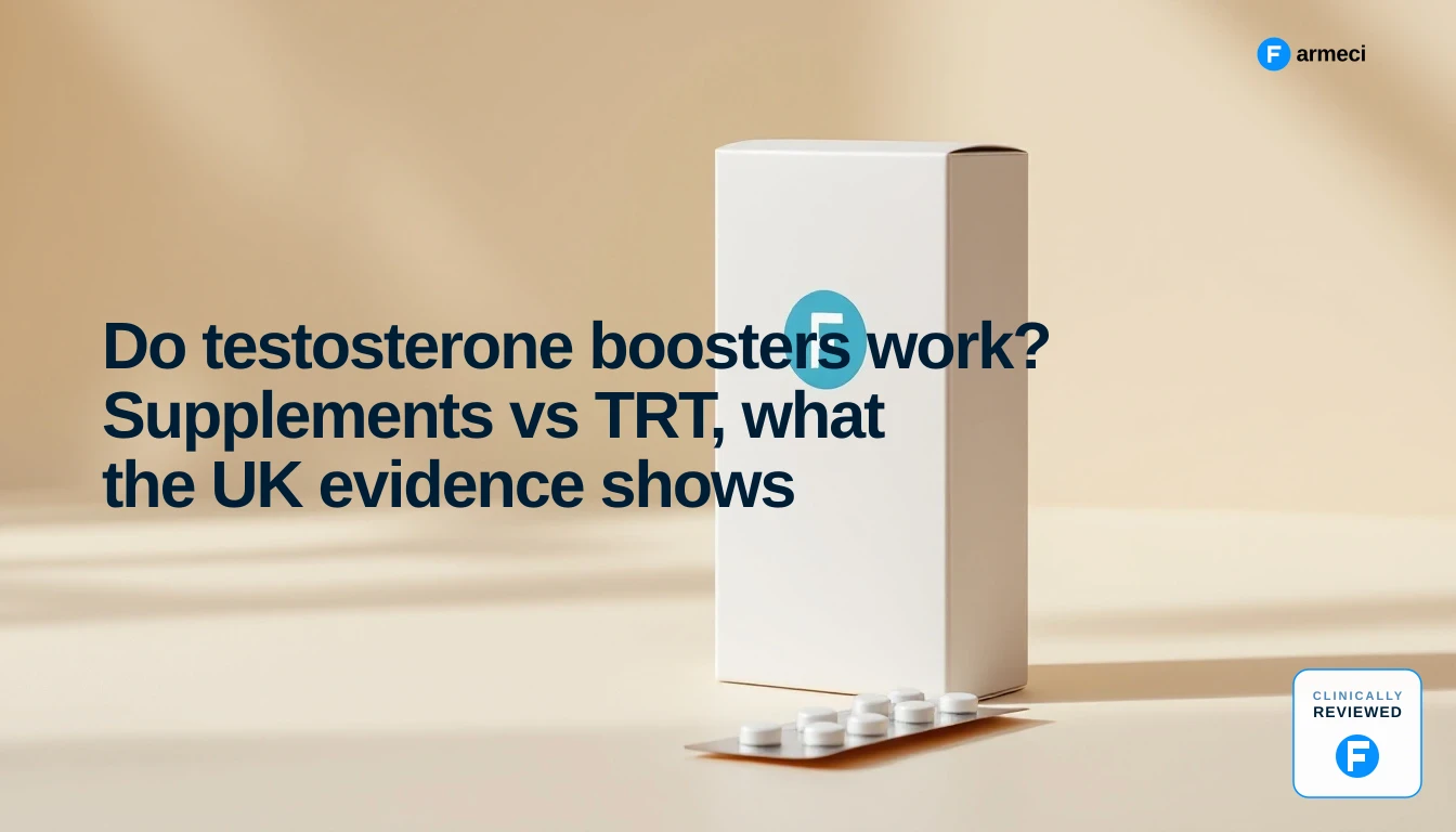 A man reading the supplement facts panel on a testosterone booster bottle in a UK pharmacy aisle.