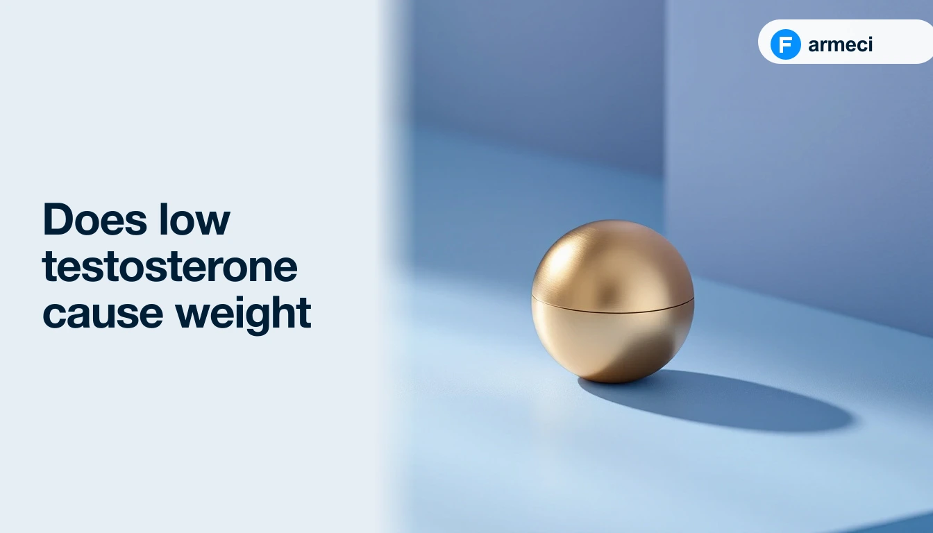 Editorial cover for Farmeci's guide on low testosterone and weight gain — steel-blue backdrop, a stylised body outline with a highlighted central-adiposity band and a 'Low T' arrow listing lean-mass loss, visceral fat rise and lower metabolism, plus a Farmeci-branded testosterone vial.