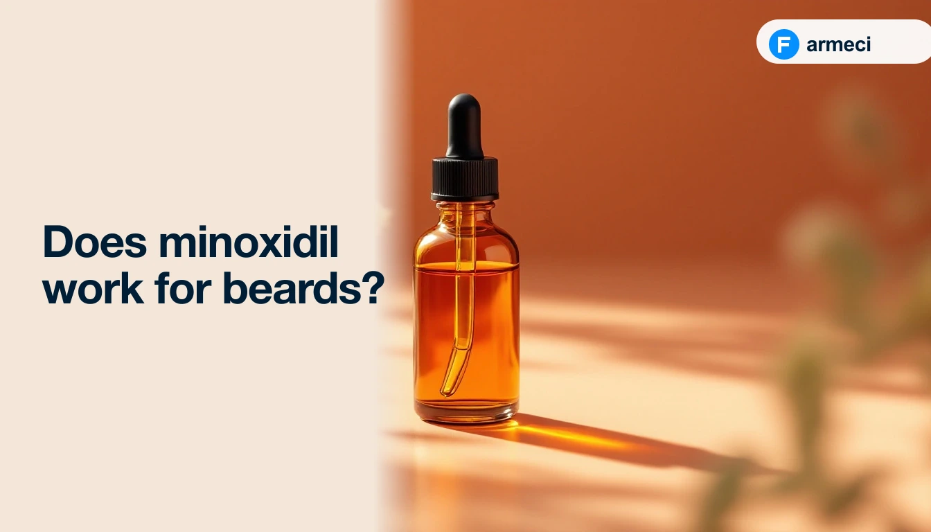 Editorial cover for Farmeci's guide on minoxidil for beards — peach backdrop, a stylised face outline with beard stipple labelled 'off-licence facial use', and a Farmeci-branded minoxidil topical bottle.