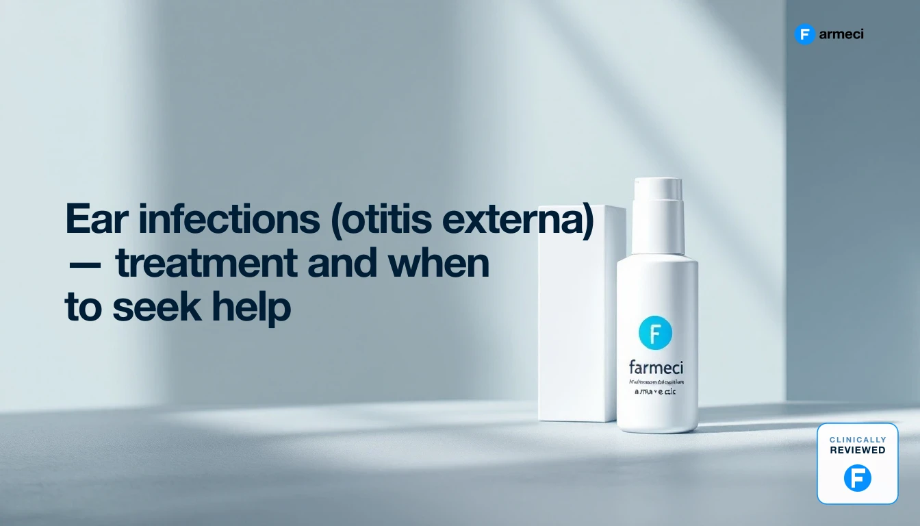 Editorial still life of ear infection treatment drops, Farmeci branding