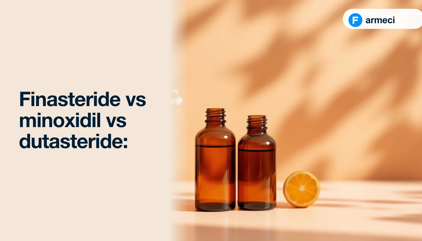 Editorial cover comparing three hair-loss treatments — a Farmeci-branded finasteride blister, a minoxidil topical bottle and a dutasteride capsule pack on a warm sand backdrop.