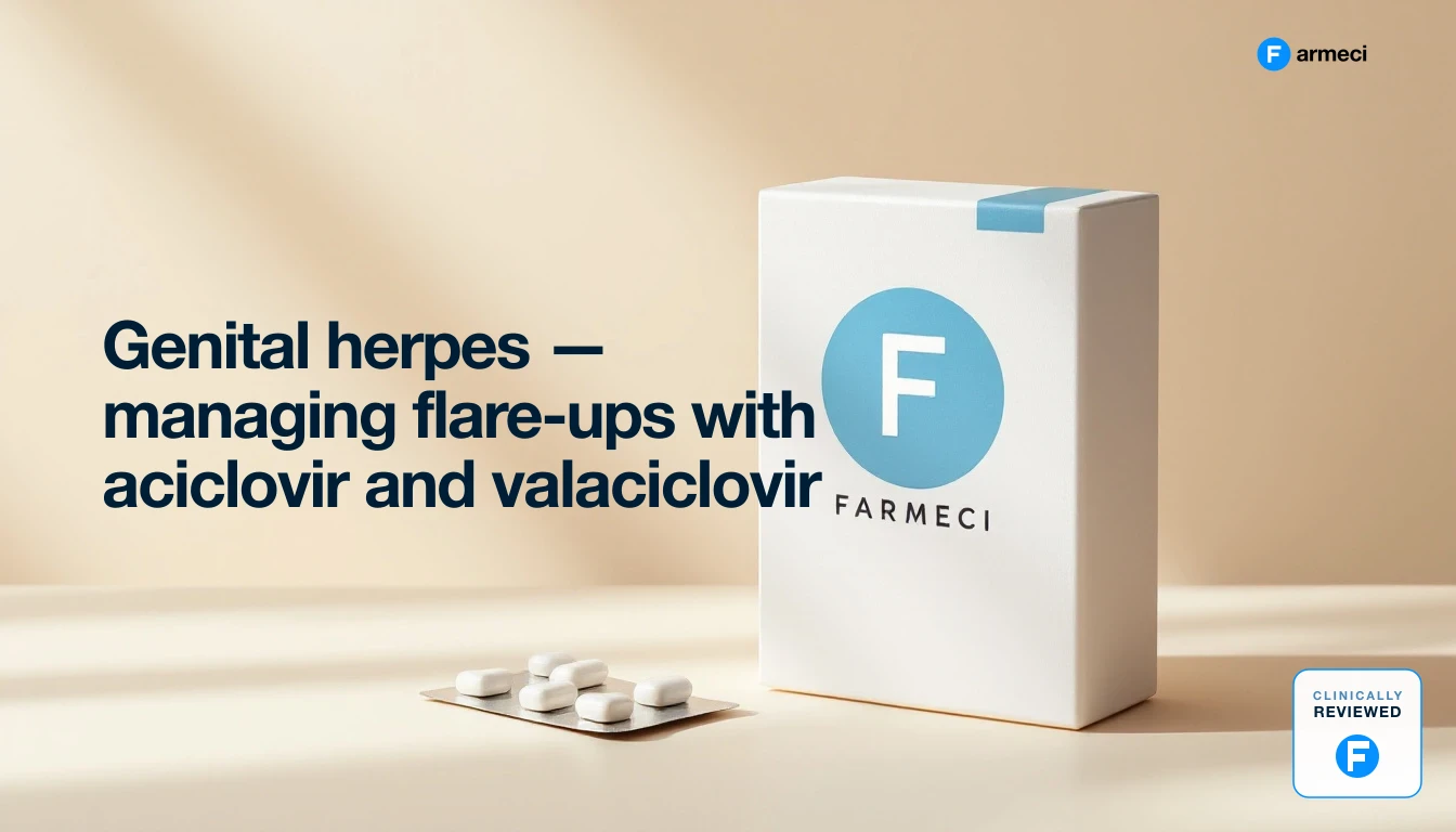 Clinical still life representing aciclovir and valaciclovir for genital herpes, Farmeci branding