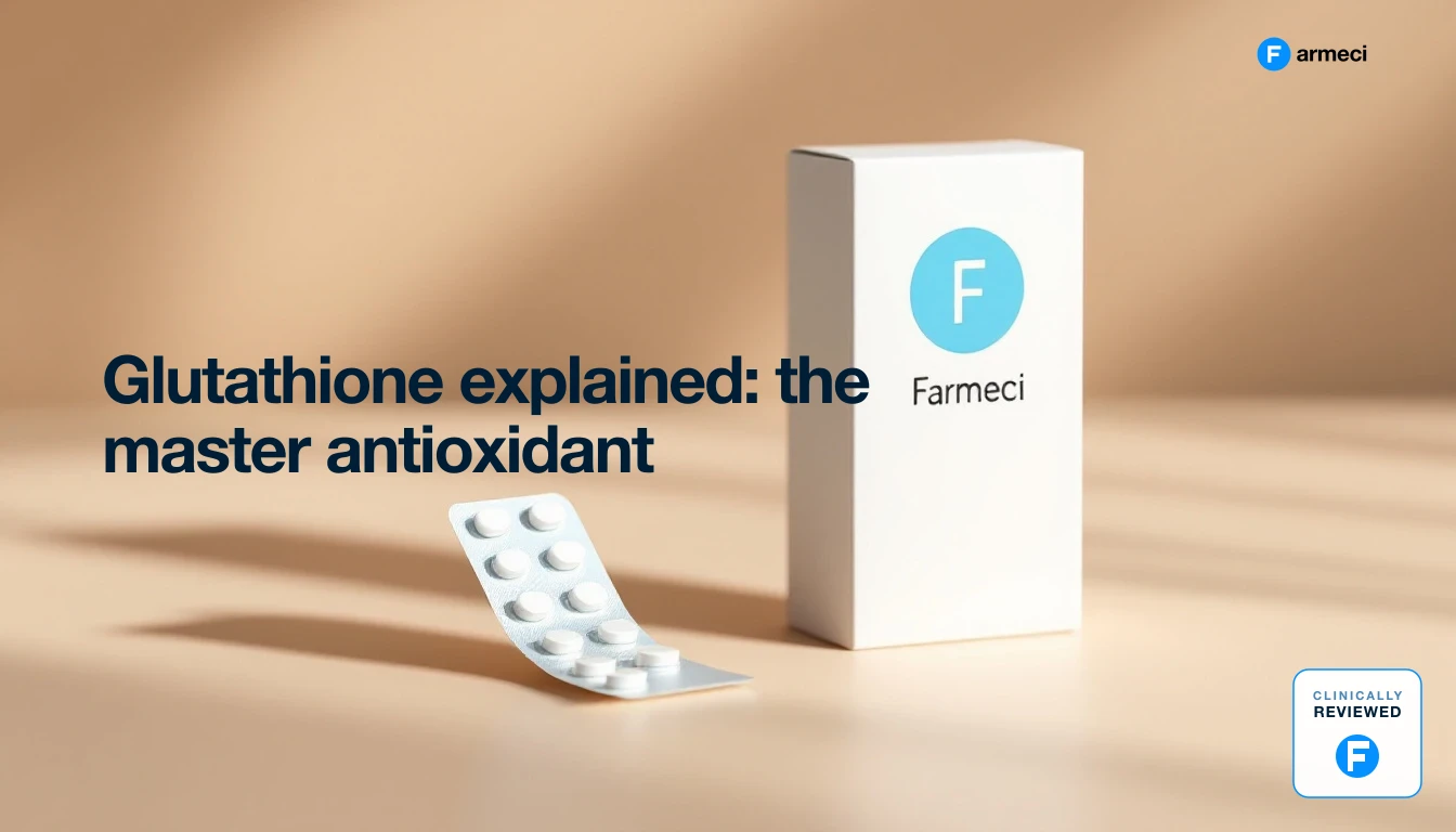 Illustration of glutathione as the body's master antioxidant, showing the three amino acids that make up the molecule