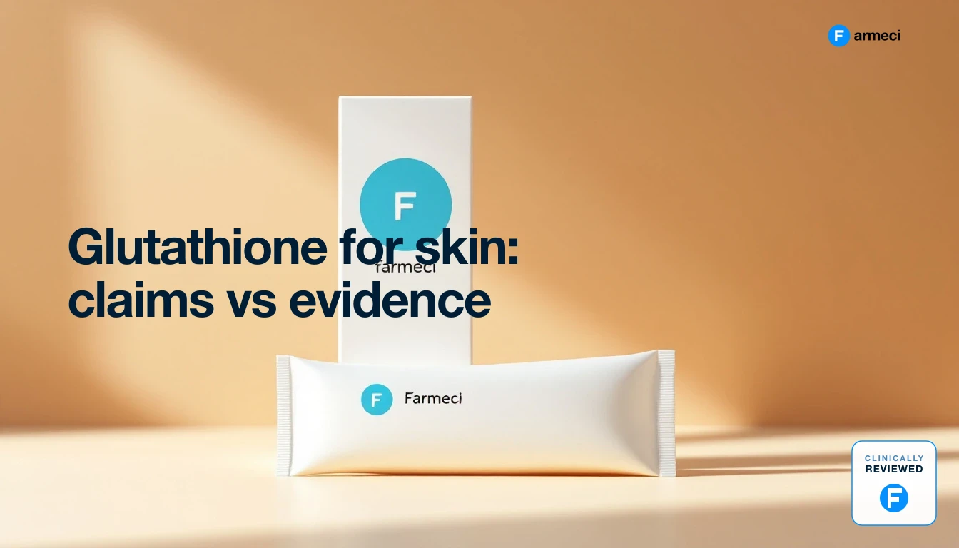 Editorial illustration of a glutathione molecule alongside skin cells and melanin pigment, representing the science behind skin claims