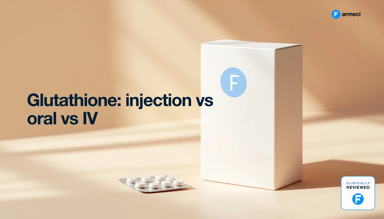 Glutathione shown as an oral capsule, a subcutaneous injection pen and an IV drip side by side to compare the three routes