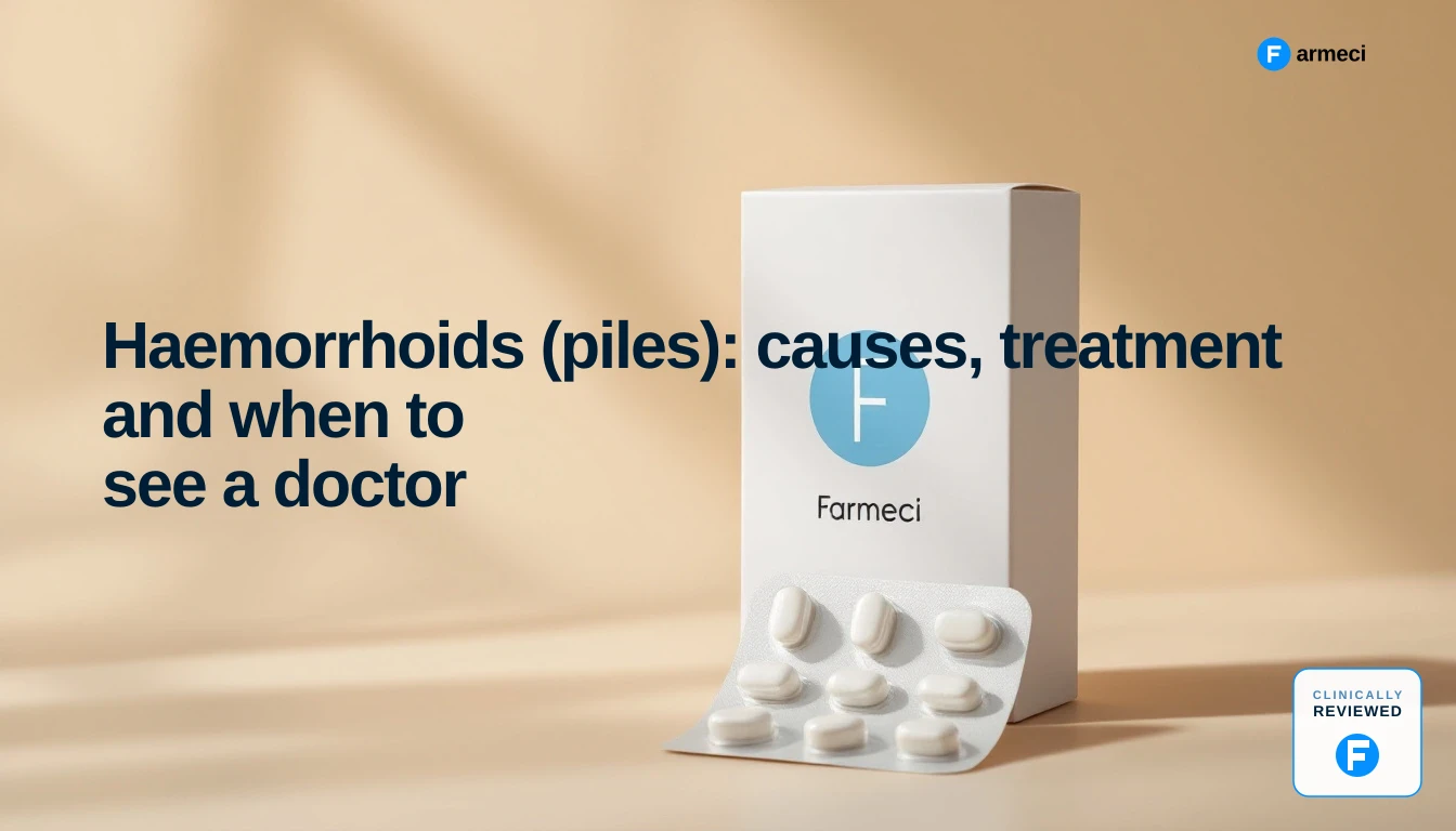Editorial cover for Farmeci's haemorrhoids and piles guide — soft warm sand backdrop with a Farmeci-branded medicine carton and blister strip.