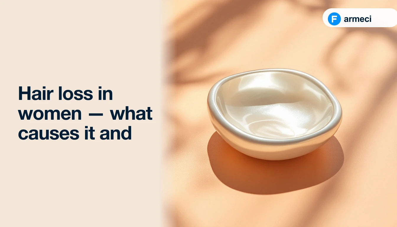 Editorial cover for Farmeci's guide on hair loss in women — a single elegant polished mother-of-pearl shallow bowl on a polished warm peach surface, alongside the headline.