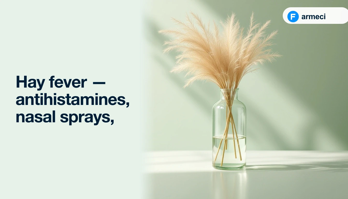 Editorial cover for Farmeci's hay fever treatment guide — pale green backdrop, drifting pollen and a dandelion seedhead, a Farmeci-branded nasal spray bottle, and a Farmeci-branded antihistamine blister card.