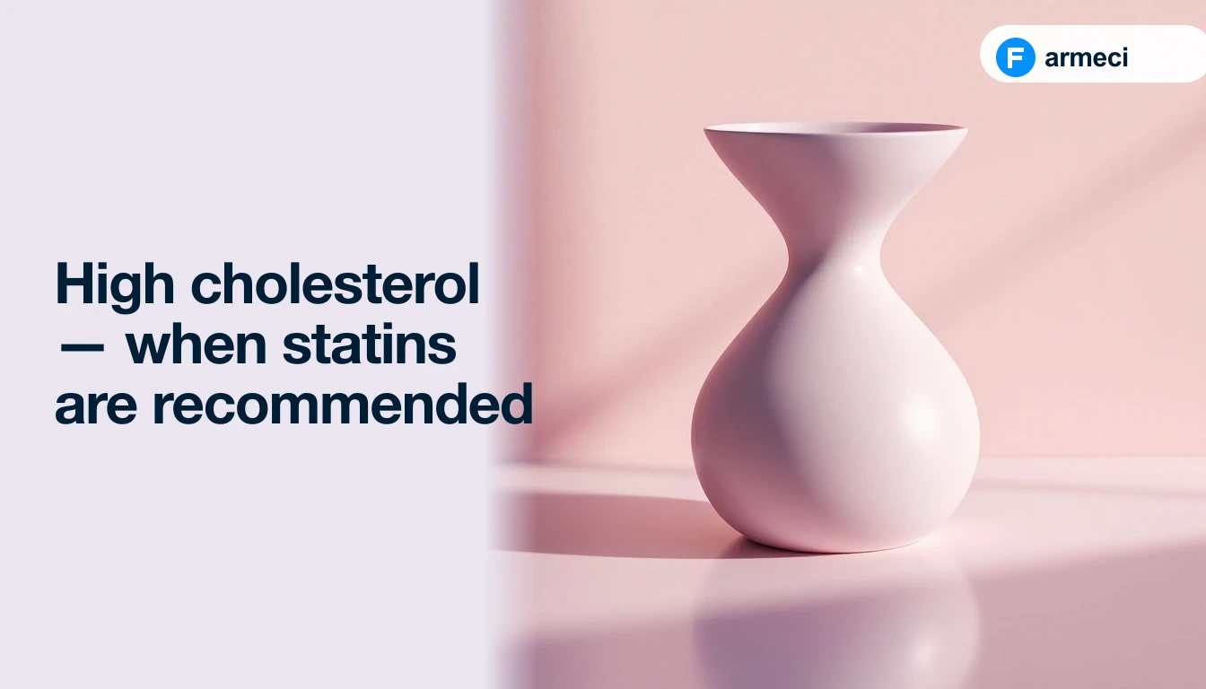 Editorial cover for Farmeci's guide on high cholesterol and statins — a single elegant matte terracotta ceramic vessel on a polished terracotta surface, soft warm light, alongside the headline.