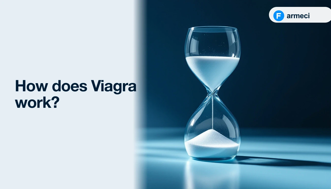 Editorial cover for Farmeci's explainer on how Viagra works — pale steel-blue backdrop, two vessel diagrams showing constricted vs PDE5-relaxed state, and a Farmeci-branded sildenafil blister pack.
