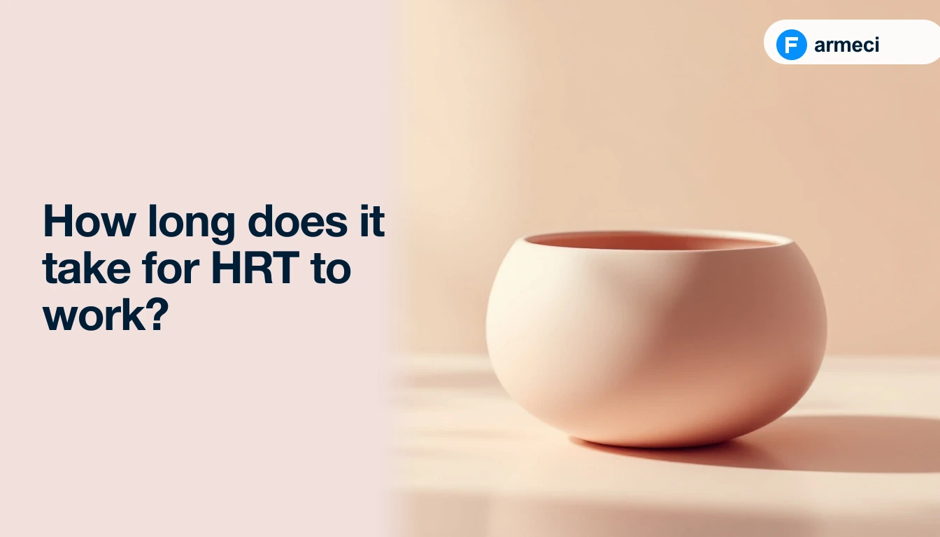 Editorial cover for Farmeci's HRT timeline guide — pale rose backdrop, an ascending oestrogen response curve with Day 1, Week 2, Week 6 and Week 12 markers, and a Farmeci-branded Oestrogel HRT sachet.