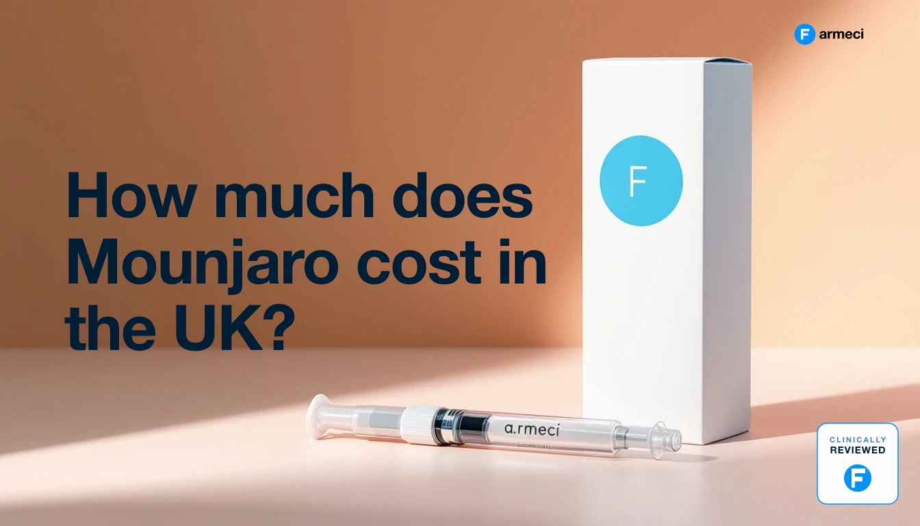 A Mounjaro injection pen beside a notepad and calculator, illustrating factors that affect the cost of treatment in the UK