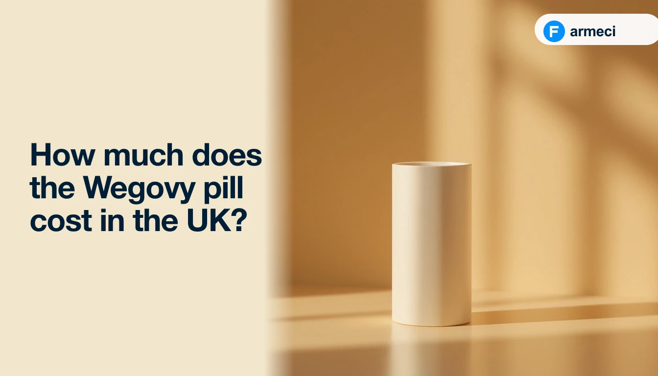 Editorial cover for Farmeci's guide on the UK cost of the Wegovy pill — a single elegant matte cream-coloured ceramic vessel on a polished warm amber-cream surface with soft natural light, alongside the headline.