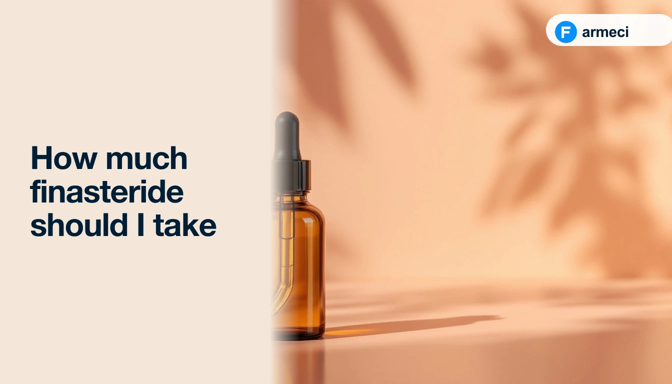 Editorial cover for Farmeci's finasteride dosing guide — warm peach backdrop, a '1 mg daily' badge, sparse hair-strand pattern, and a Farmeci-branded finasteride 1 mg blister pack.
