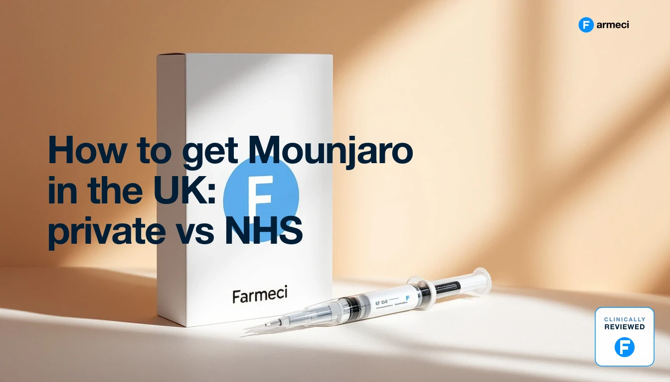 A UK-registered pharmacist reviewing an online clinical assessment for a Mounjaro prescription at a pharmacy consultation desk.