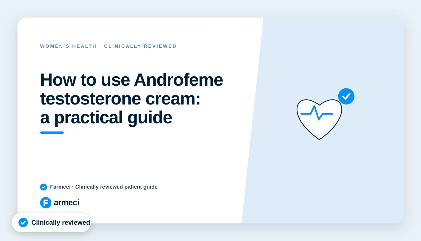 Editorial cover for Farmeci's practical guide to using Androfeme testosterone cream, on a navy Farmeci-branded background.