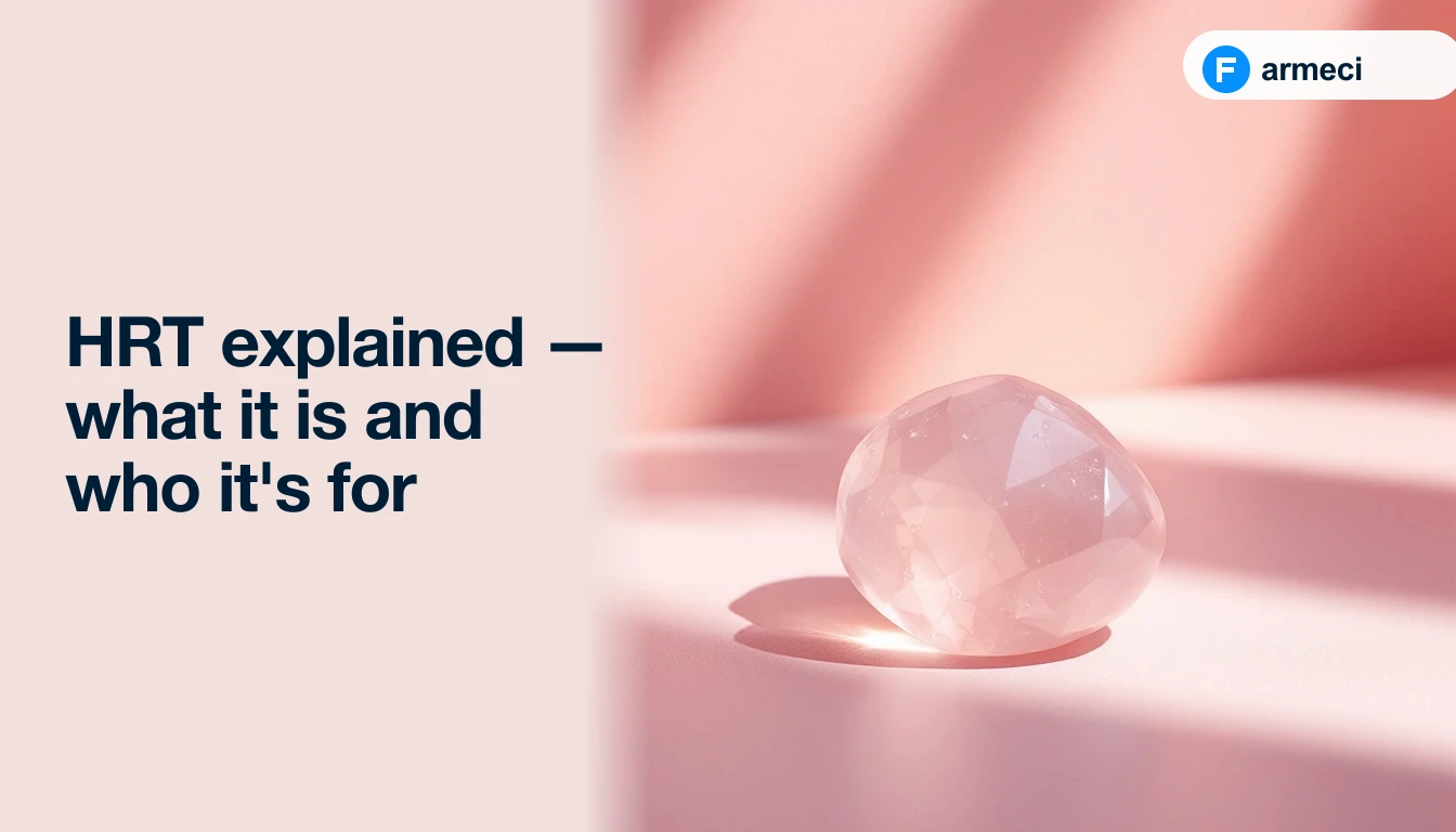 Editorial cover for Farmeci's guide on HRT — a single elegant polished natural rose quartz stone on a polished pale-rose surface, soft directional light, alongside the headline.