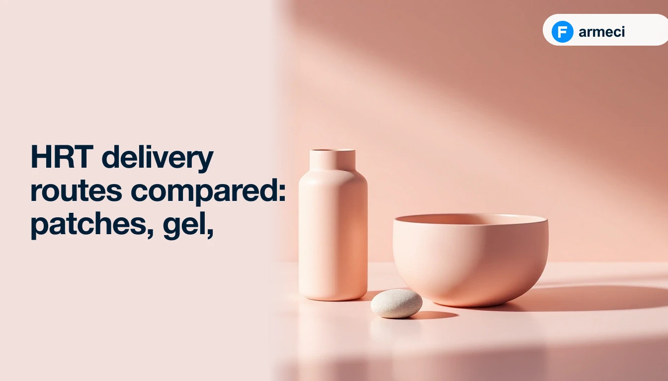 Editorial cover comparing HRT delivery routes — a Farmeci-branded oestrogen patch, a gel pump and a blister of oral HRT tablets on a soft dusk-rose backdrop.