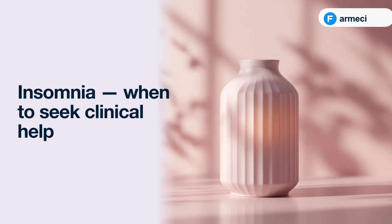 Editorial cover for Farmeci's guide on insomnia — a single elegant matte pale-lavender ceramic table lantern on a polished pale-lavender surface, soft ambient light, alongside the headline.
