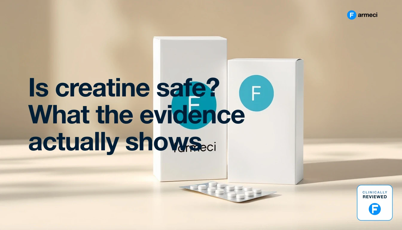 Creatine monohydrate powder and a measuring scoop on a kitchen counter