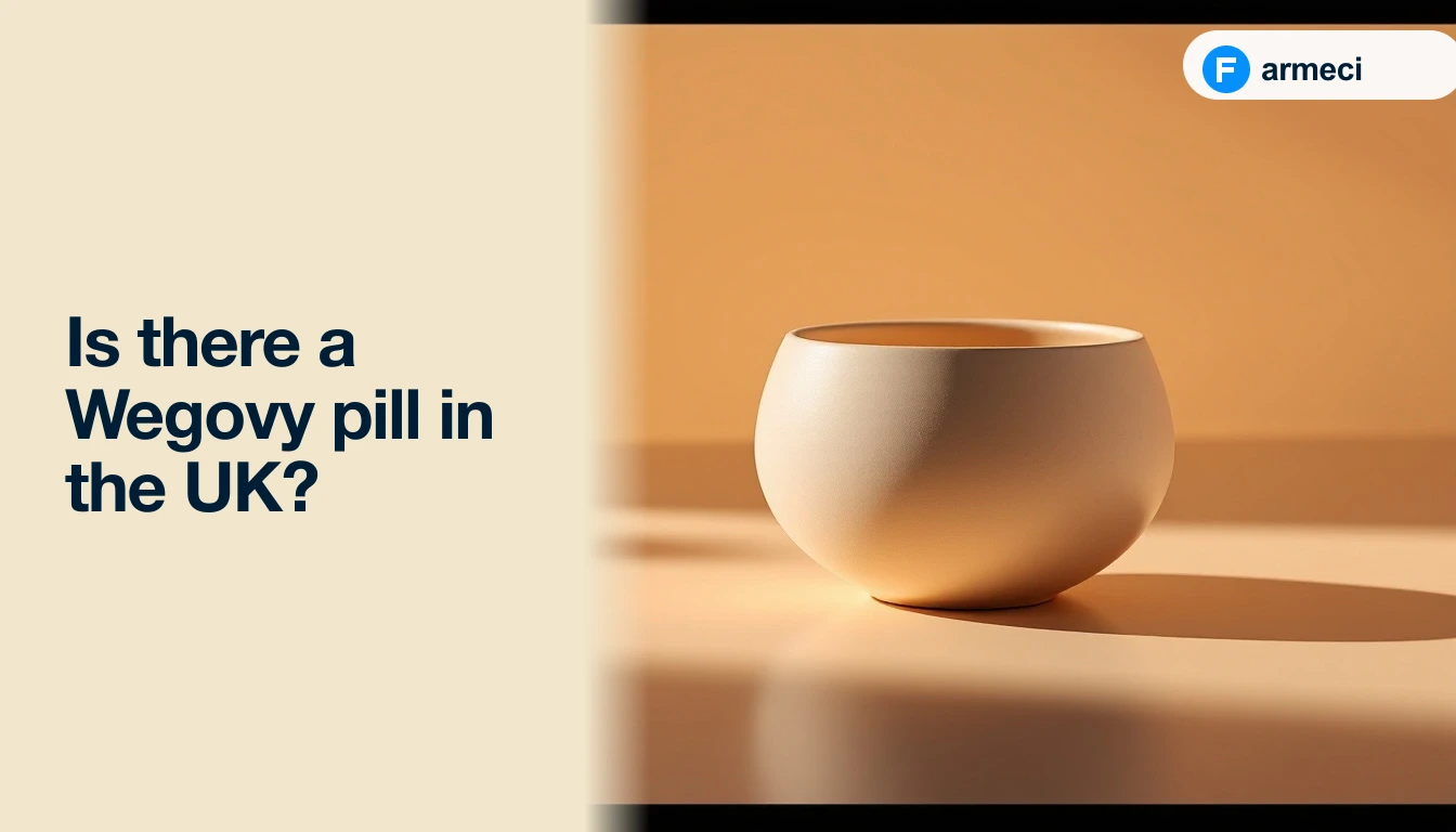 Editorial cover for Farmeci's guide on whether a Wegovy pill is available in the UK — a single elegant matte cream-coloured ceramic vessel on a polished warm amber-cream surface, soft natural light, alongside the headline.