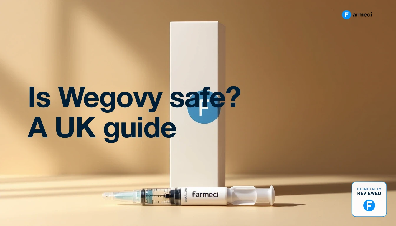 A once-weekly Wegovy semaglutide injection pen resting beside healthy food, illustrating UK weight-management safety guidance.