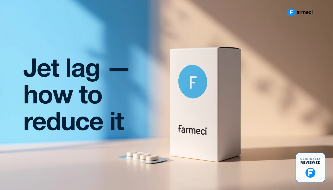 Editorial still life of jet lag melatonin travel medication, Farmeci branding