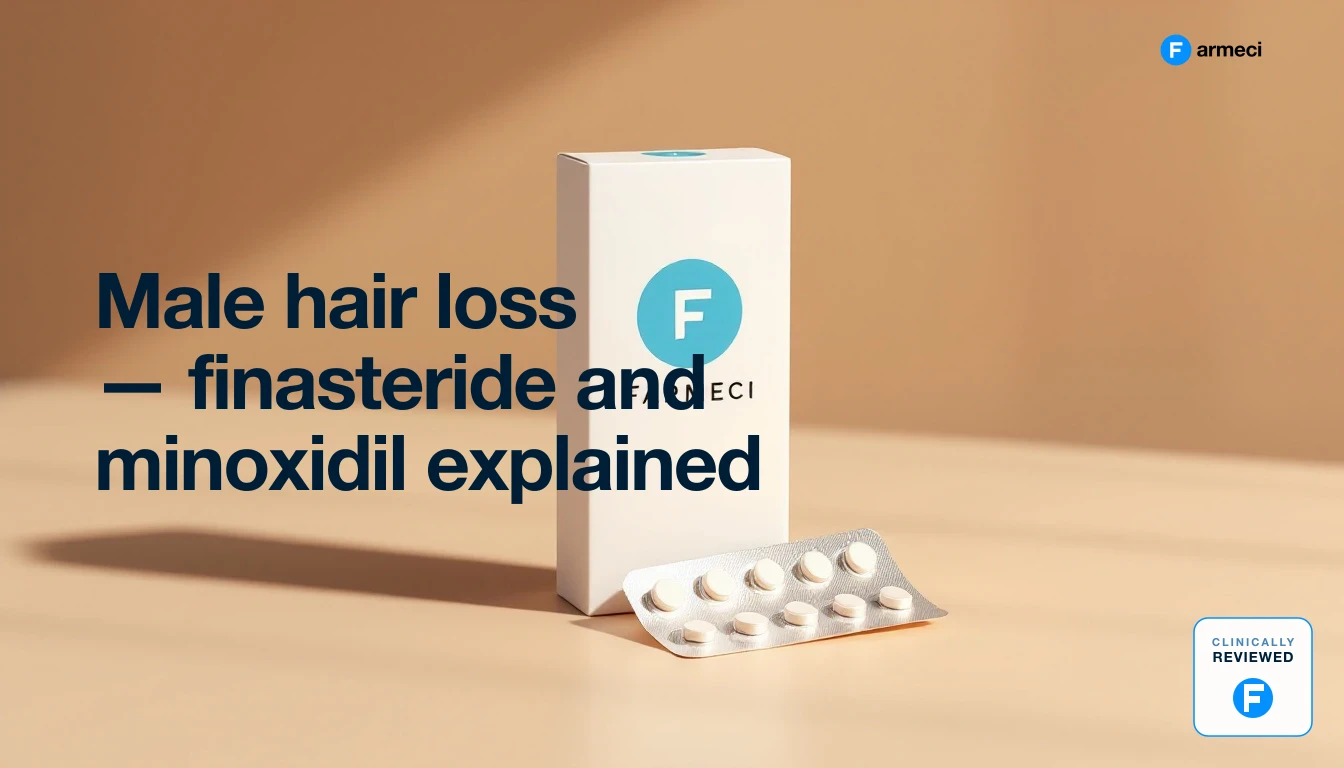 Clinical still life of finasteride and minoxidil hair loss treatments, Farmeci branding