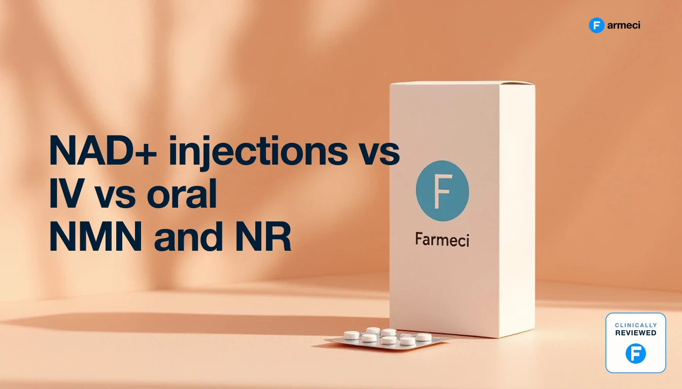 Flat-lay comparing three NAD+ routes — oral NMN and NR capsules, a subcutaneous injection pen and an IV infusion bag — on a calm neutral background