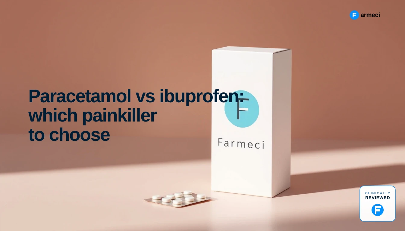 Editorial cover for Farmeci's paracetamol vs ibuprofen guide — soft warm neutral backdrop with a Farmeci-branded medicine carton and blister pack of tablets.