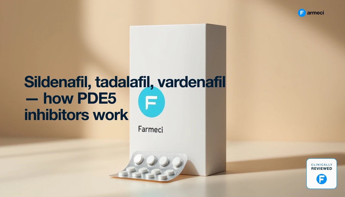 Clinical still life representing PDE5 inhibitor tablets for erectile dysfunction, Farmeci branding