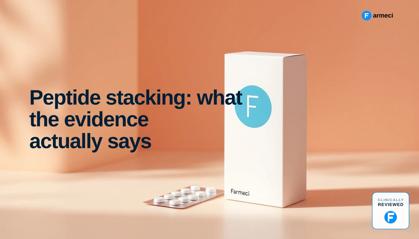 Farmeci-branded medicine packaging representing the discussion of combining unlicensed research peptides, styled for a UK pharmacist guide to peptide stacking