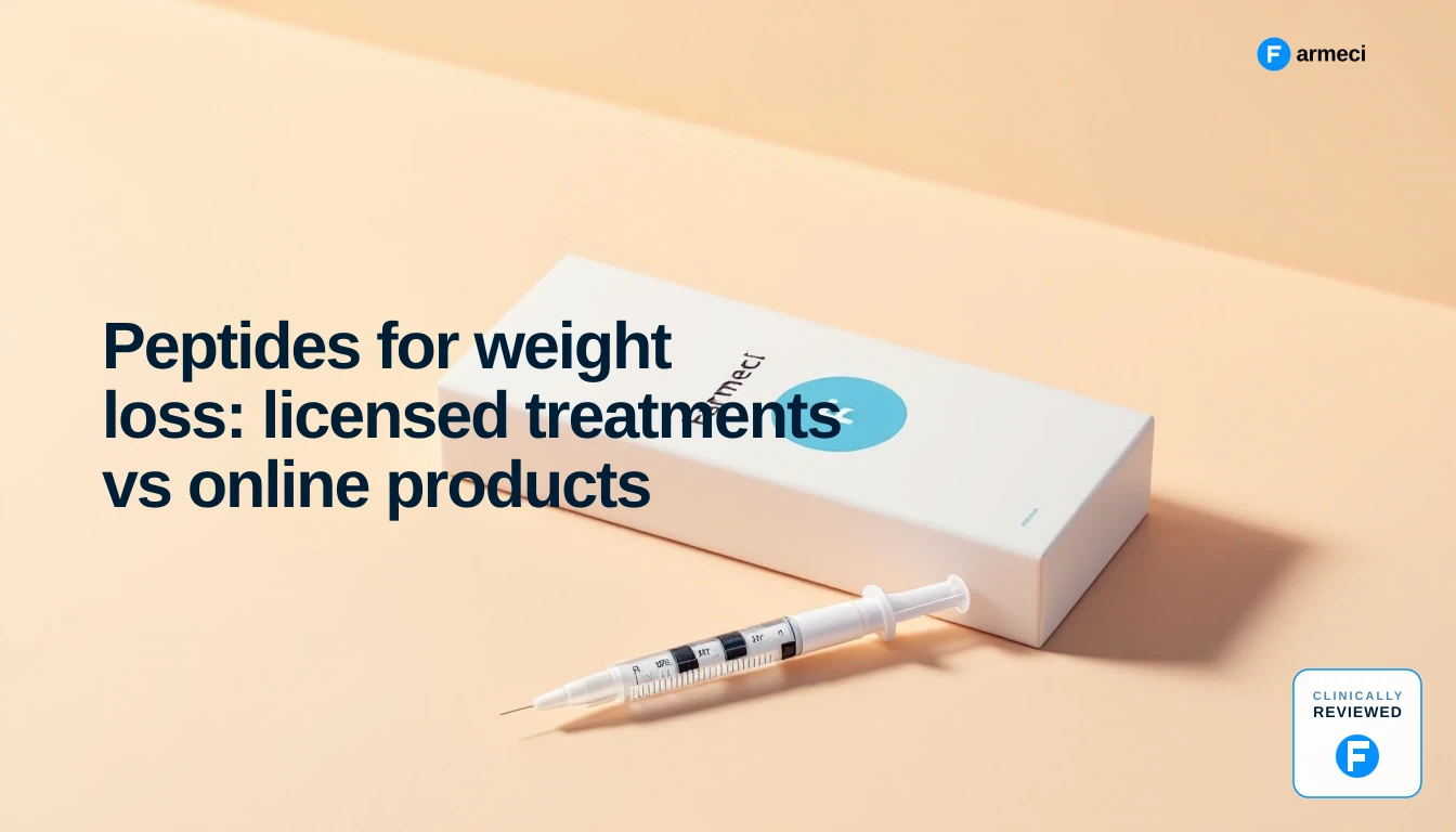A UK pharmacist comparing a licensed weight-loss injection pen with an unlabelled peptide vial on a pharmacy counter.