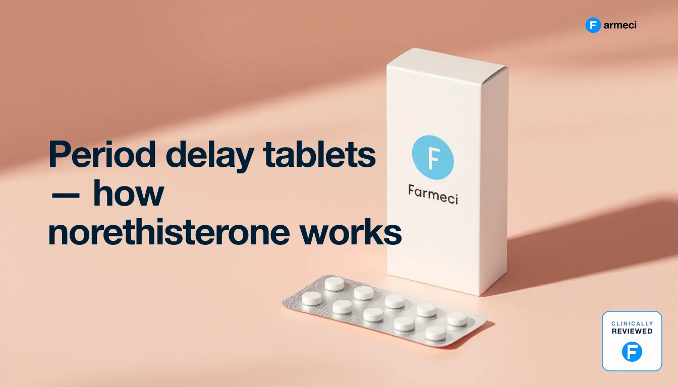 Clinical still life of norethisterone period delay tablets, Farmeci branding