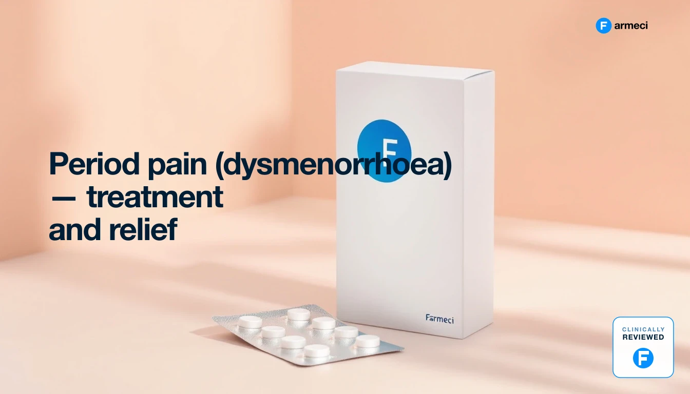 Editorial still life of period pain relief medication, Farmeci branding