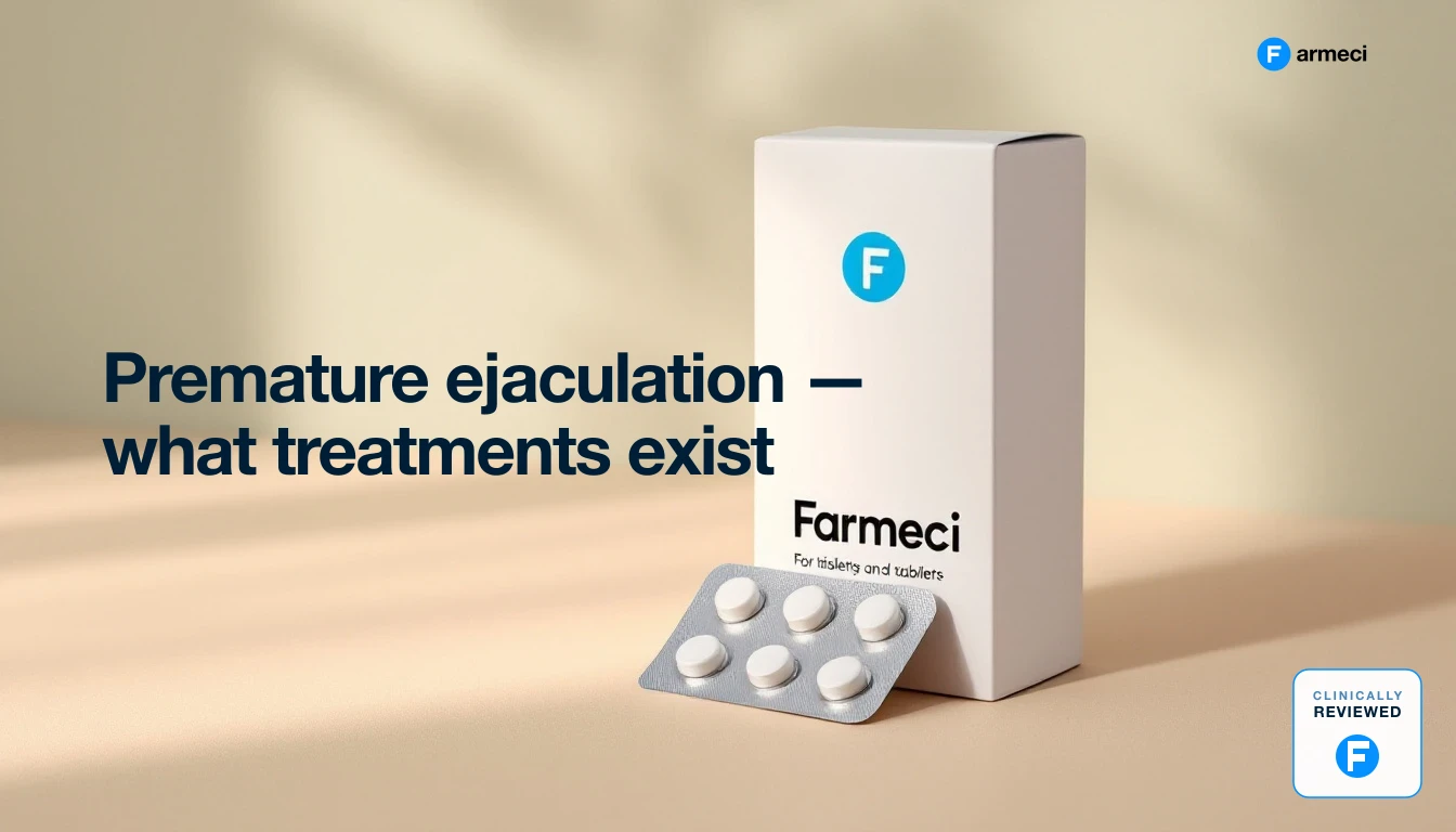 Editorial illustration representing premature ejaculation treatment options in the UK, Farmeci branding
