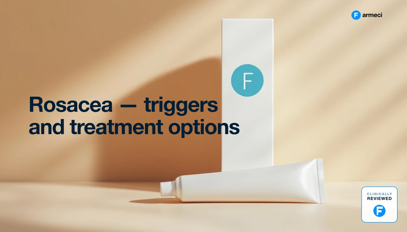 Editorial illustration representing rosacea triggers and topical treatment, Farmeci branding