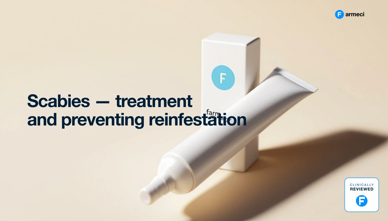 Editorial still life of scabies permethrin cream treatment, Farmeci branding