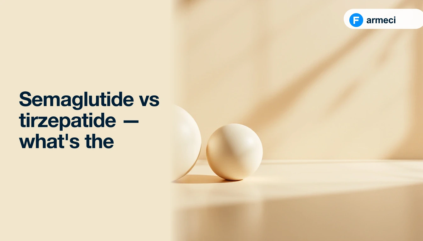 Editorial cover for Farmeci's comparison of semaglutide and tirzepatide — two elegant matte cream ceramic spheres of subtly different sizes sitting side by side on a warm amber-cream surface, alongside the headline.